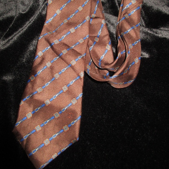VTG GUCCI SILK SKINNY TIE BROWN BLUE BELTS DESIGN - Picture 1 of 8